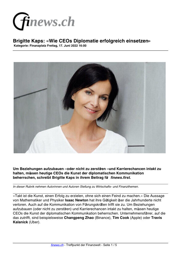 Brigitte Kaps_ «Wie CEOs Diplomatie erfolgreich einsetzen» finews.ch Juni 2022
